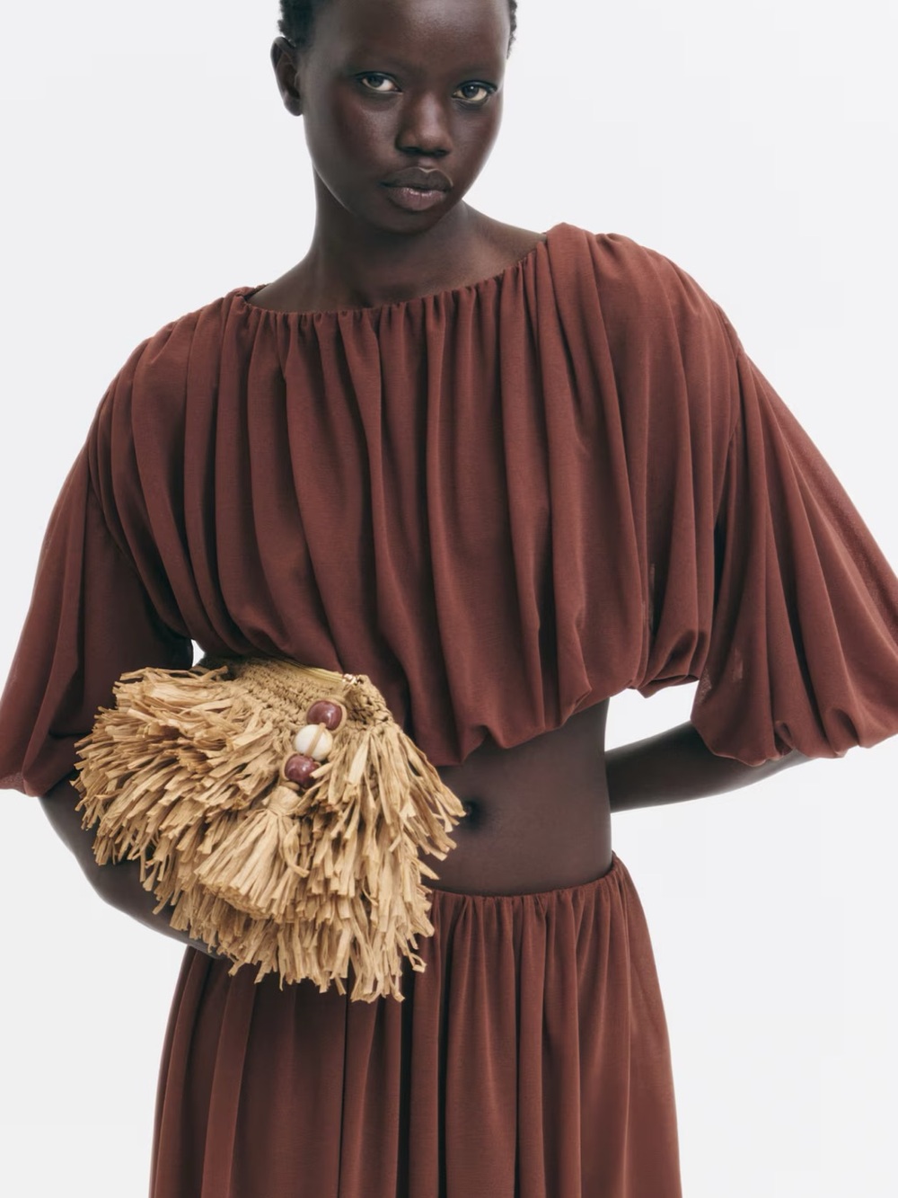H&M Raffia Fringe Clutch with Bead Accents - Natural